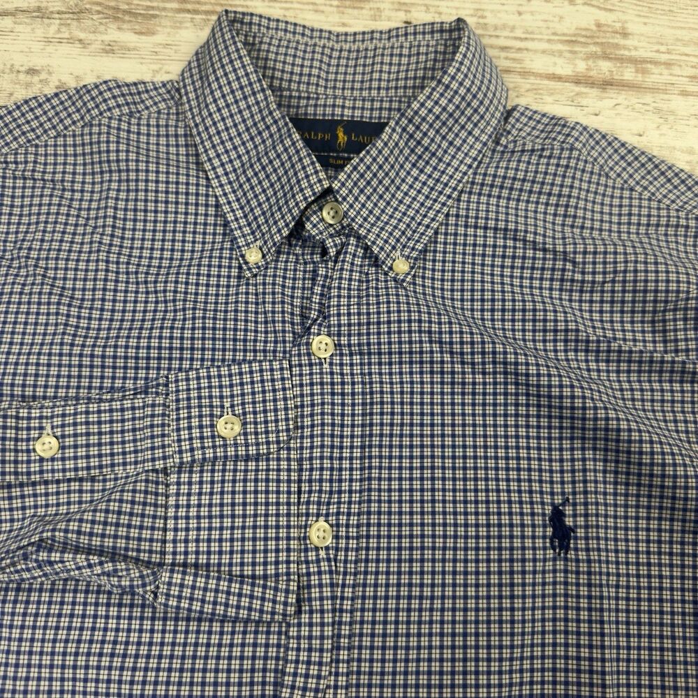 Polo Ralph Lauren Shirt Mens L 16.5 42 Slim Fit Gingham Plaid Blue Button Down